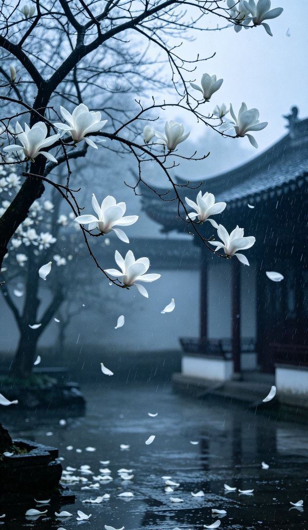 细雨打落院中古玉兰，硕大素花无叶相伴，清冷孤绝转瞬凋零。 