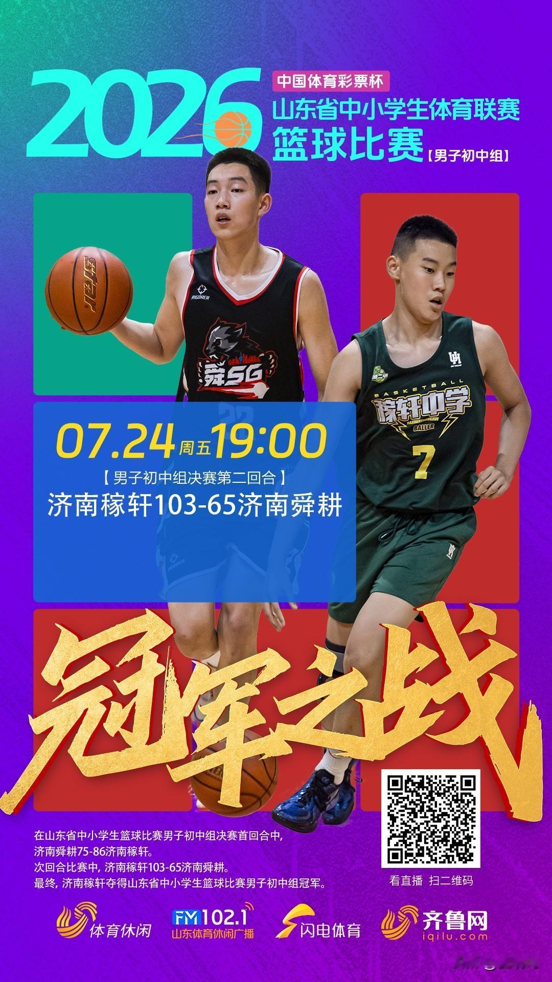 2026山东省中小学生篮球联赛，冠军之战，济南稼轩问鼎最终冠军！