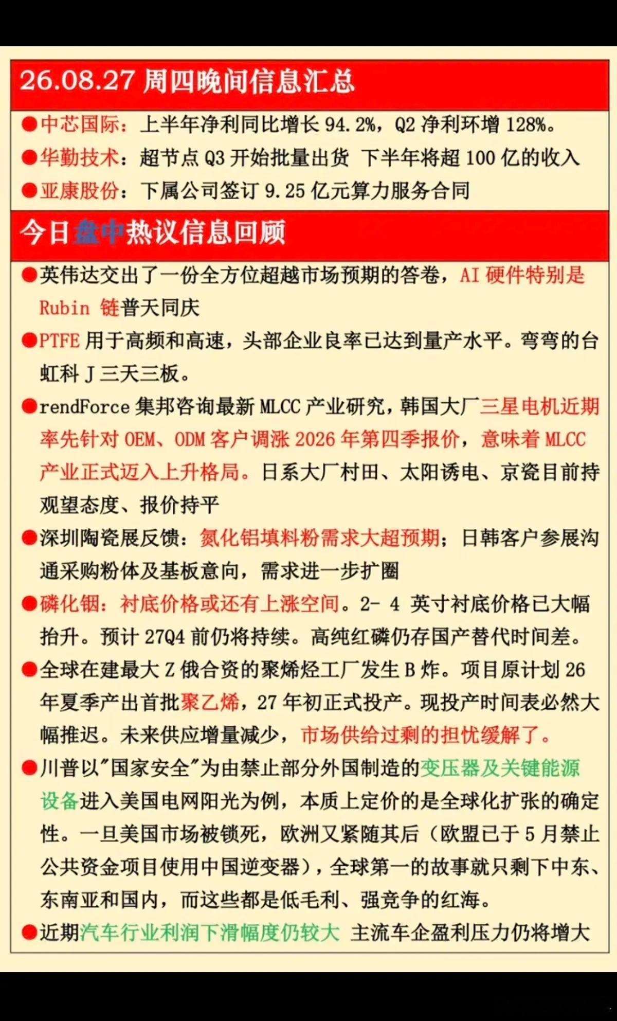 8.27周四  晚间：财经热点信息参考！1.中芯国际：半年报业绩披露2.MLCC