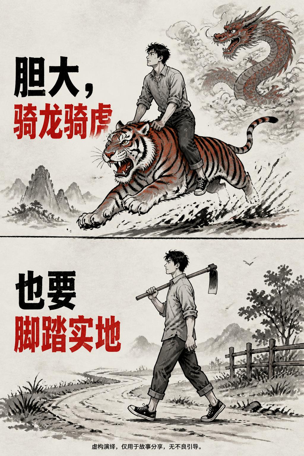 胆大骑龙骑虎，也要脚踏实地！大丈夫当有龙蛇之变