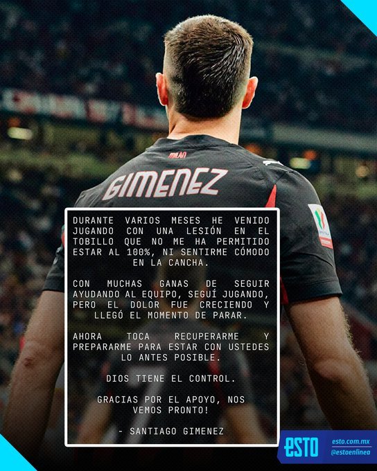 【圣地亚哥·希门尼斯 伤病五周】首先，作为米兰球员，我个人不愿意怀着恶意揣着任何