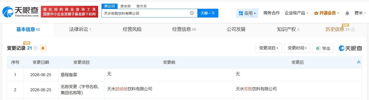 娃哈哈旗下天水饮料公司更名宏胜

天眼查App显示，近日，天水娃哈哈饮料有限公司