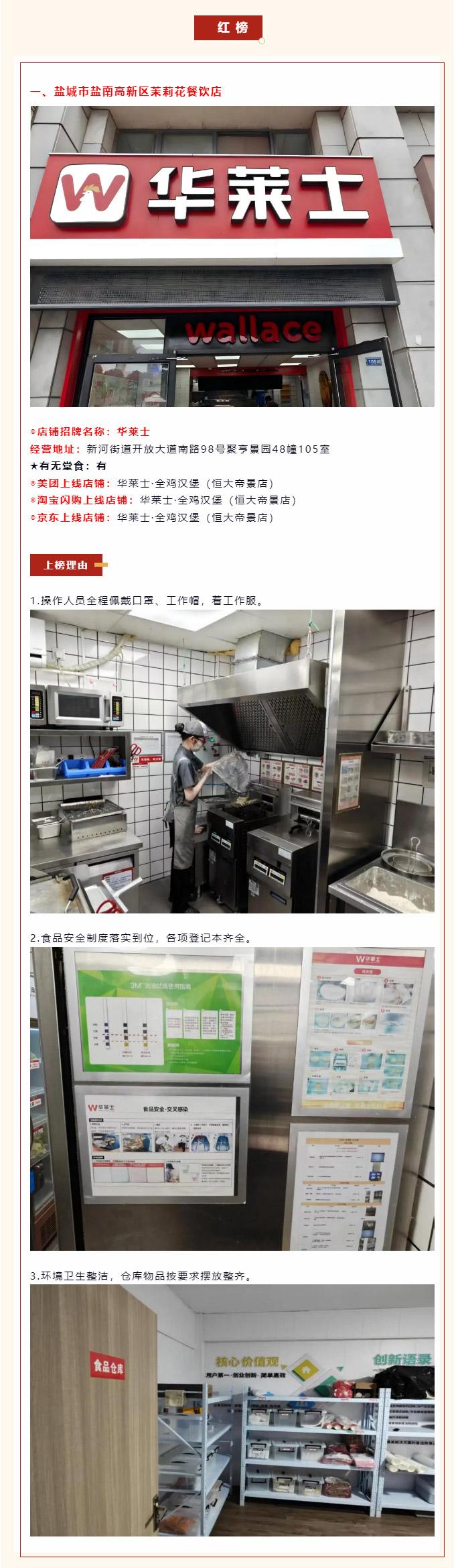 盐南高新区网络餐饮食品安全红黑榜，红榜包含华莱士、三牧肉食店、煲仔皇三家门店，均