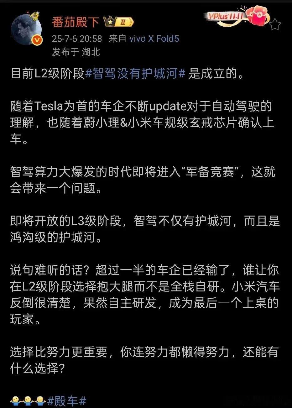 “番茄殿下”称，L2级智驾没有护城河，而L3级智驾有护城河，并且是很深的护城河。