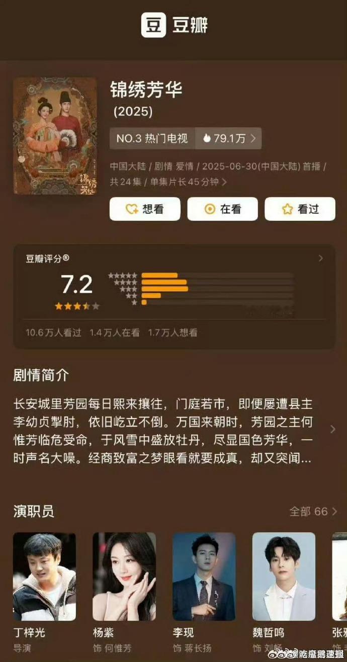 太赞了！《锦绣芳华》豆瓣评分 7.2！盛唐背景下，杨紫、李现演绎家国故事，剧情跌