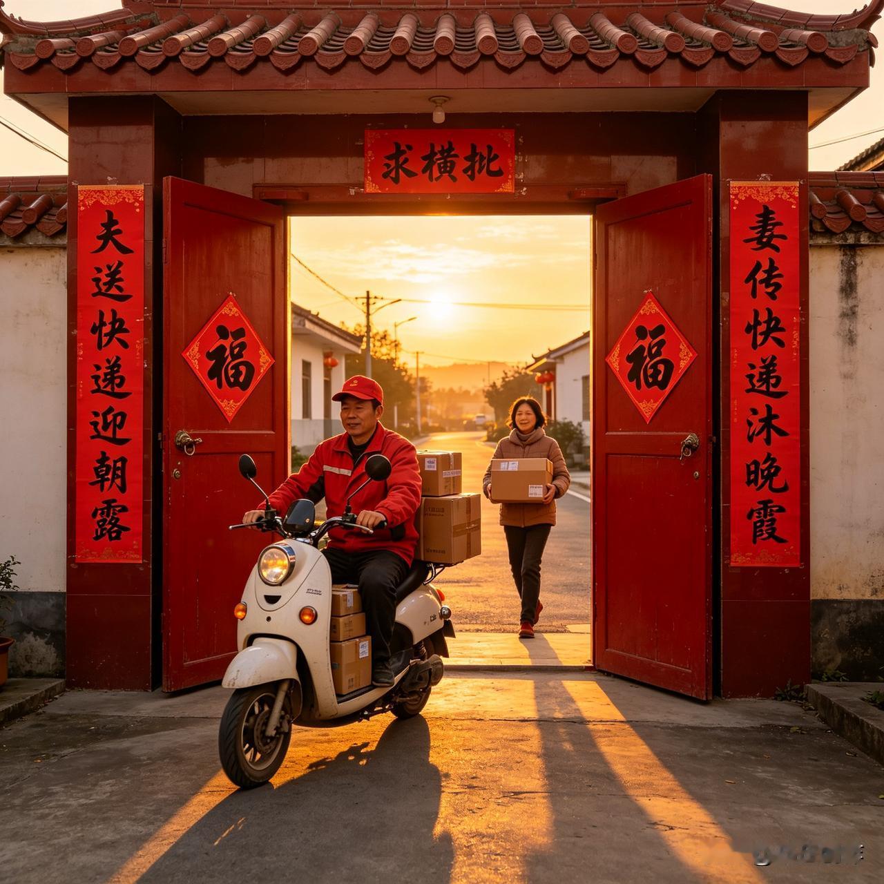 “夫送快递迎朝露，妻传快递沐晚霞”——这联满是烟火气，夫妻二人迎着晨光、伴着暮色