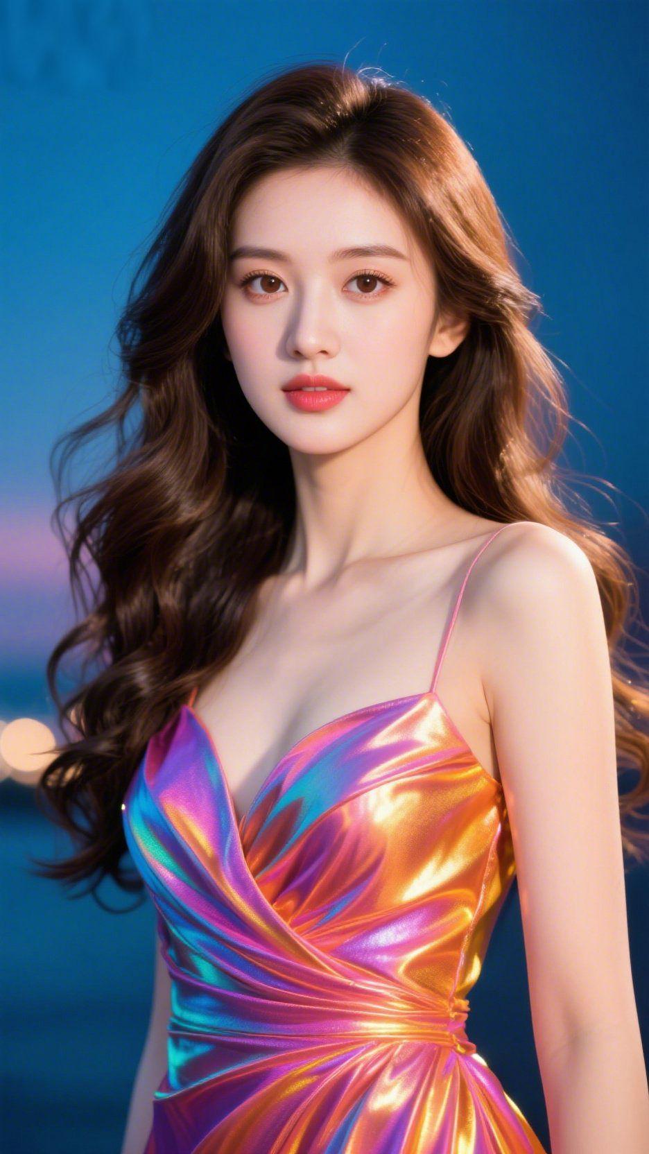 霓虹落晚风
 
晚风吹皱了深海的蓝，裙裾上的流光揉碎了晚霞的绮，紫与金的晕染，是