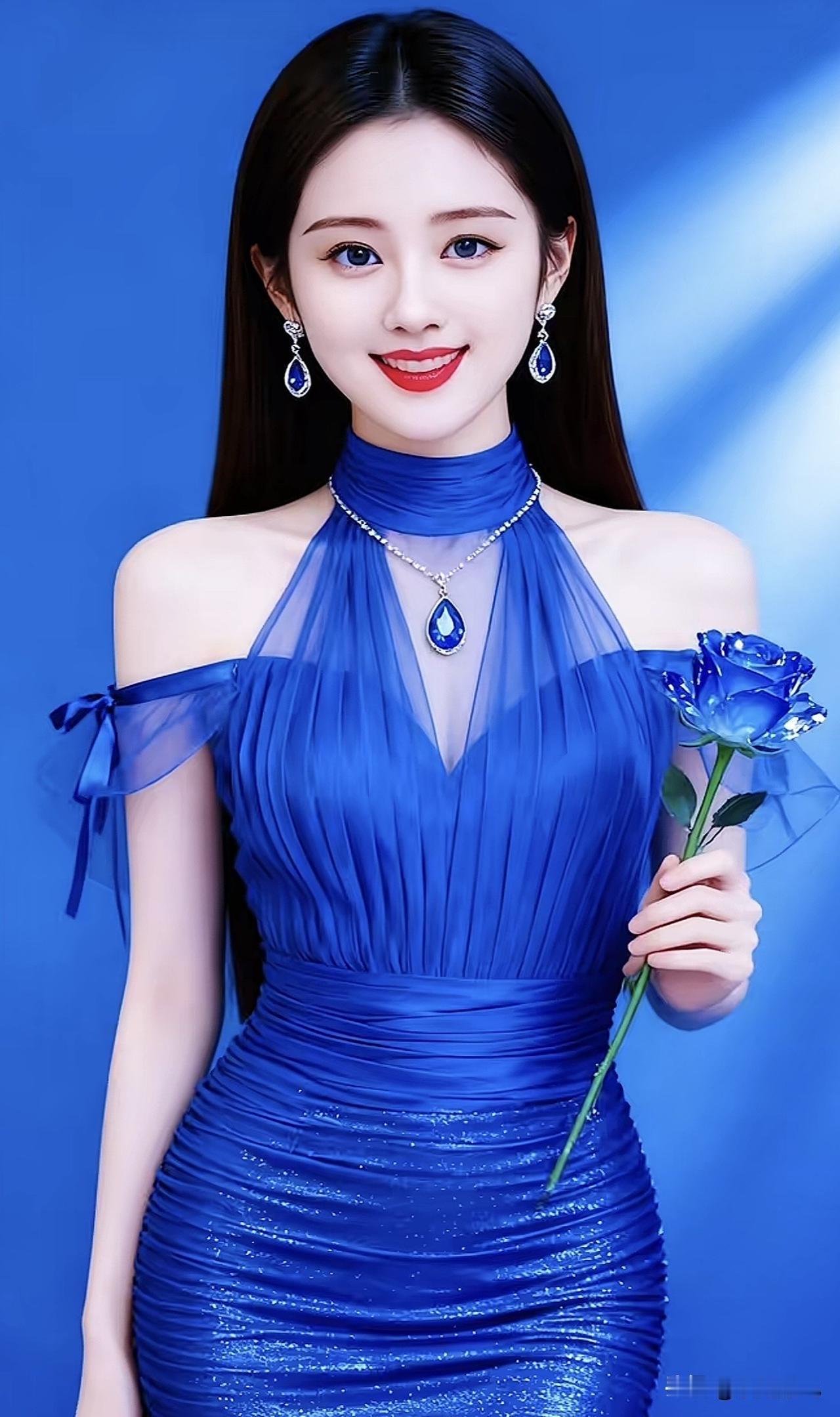 优雅蓝裙，闪耀迷人，手持蓝玫瑰，尽显高贵气质！💙🌹✨淡雅蓝裙照 无袖蓝裙 深