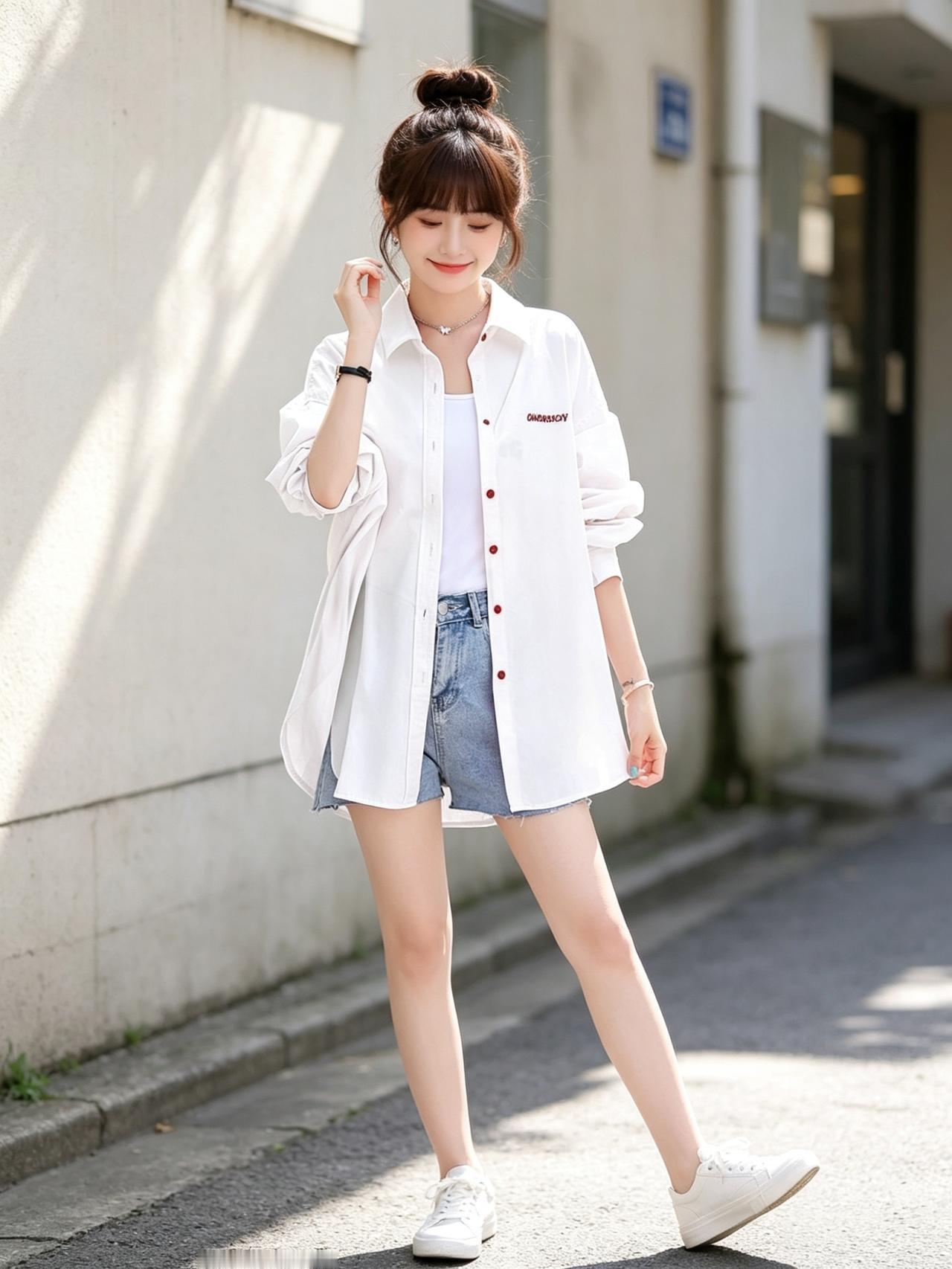 夏日清新穿搭指南：白色衬衫+牛仔短裤，轻松自在！🌞👗👠喜欢温柔风格的穿搭，