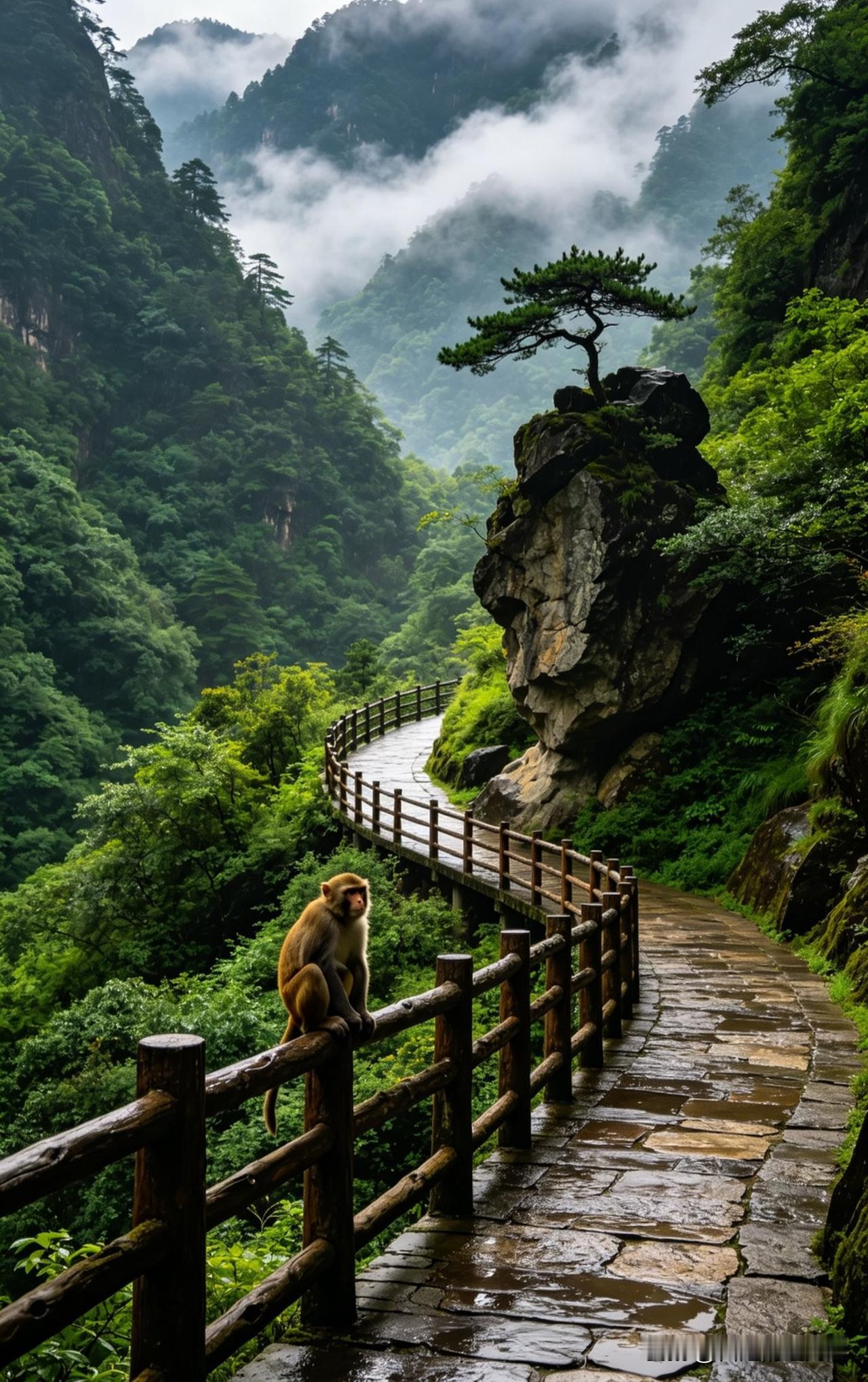 云雾漫过连绵青山，湿漉漉的石板栈道泛着水光
孤松立在奇石之上，满眼都是治愈的浓绿