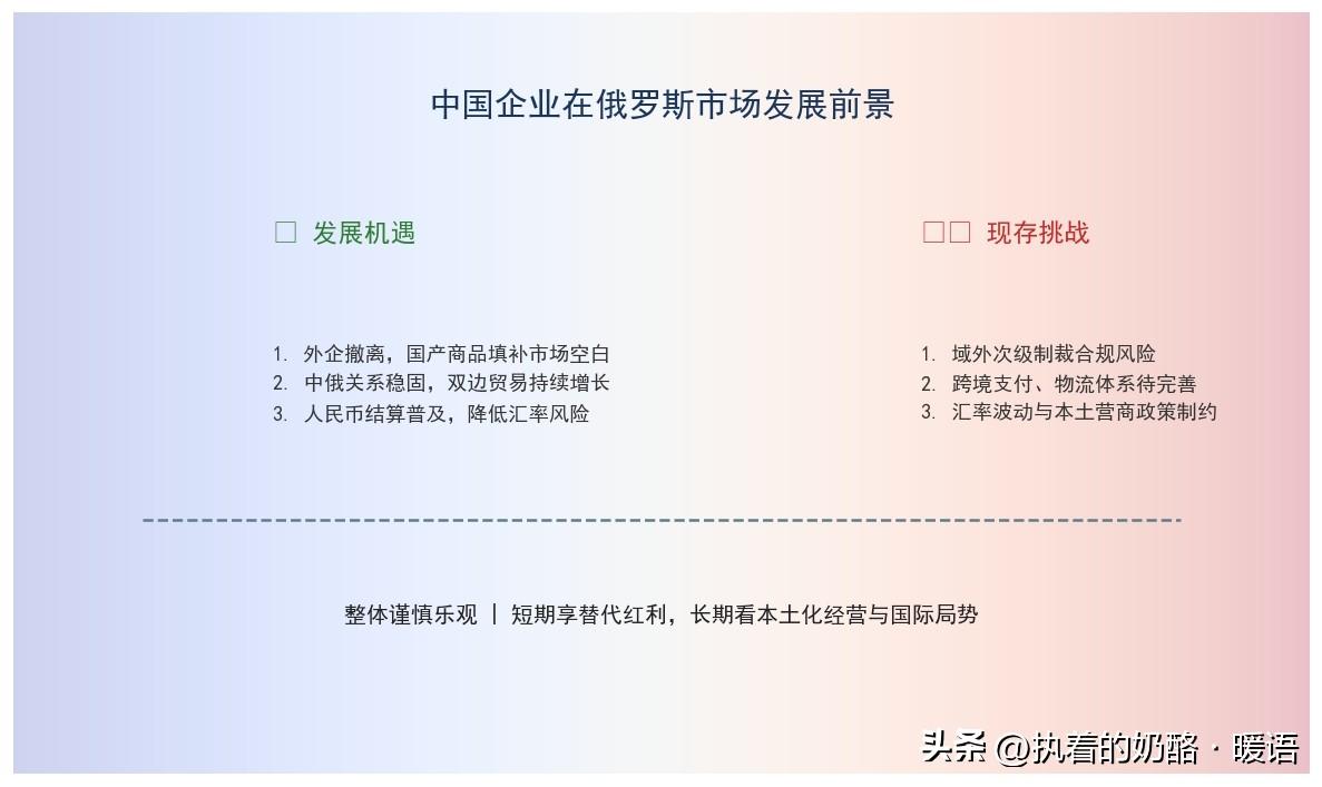 关于中国企业在俄罗斯的发展前景

我认为总体上是谨慎乐观的，机遇与挑战并存：
