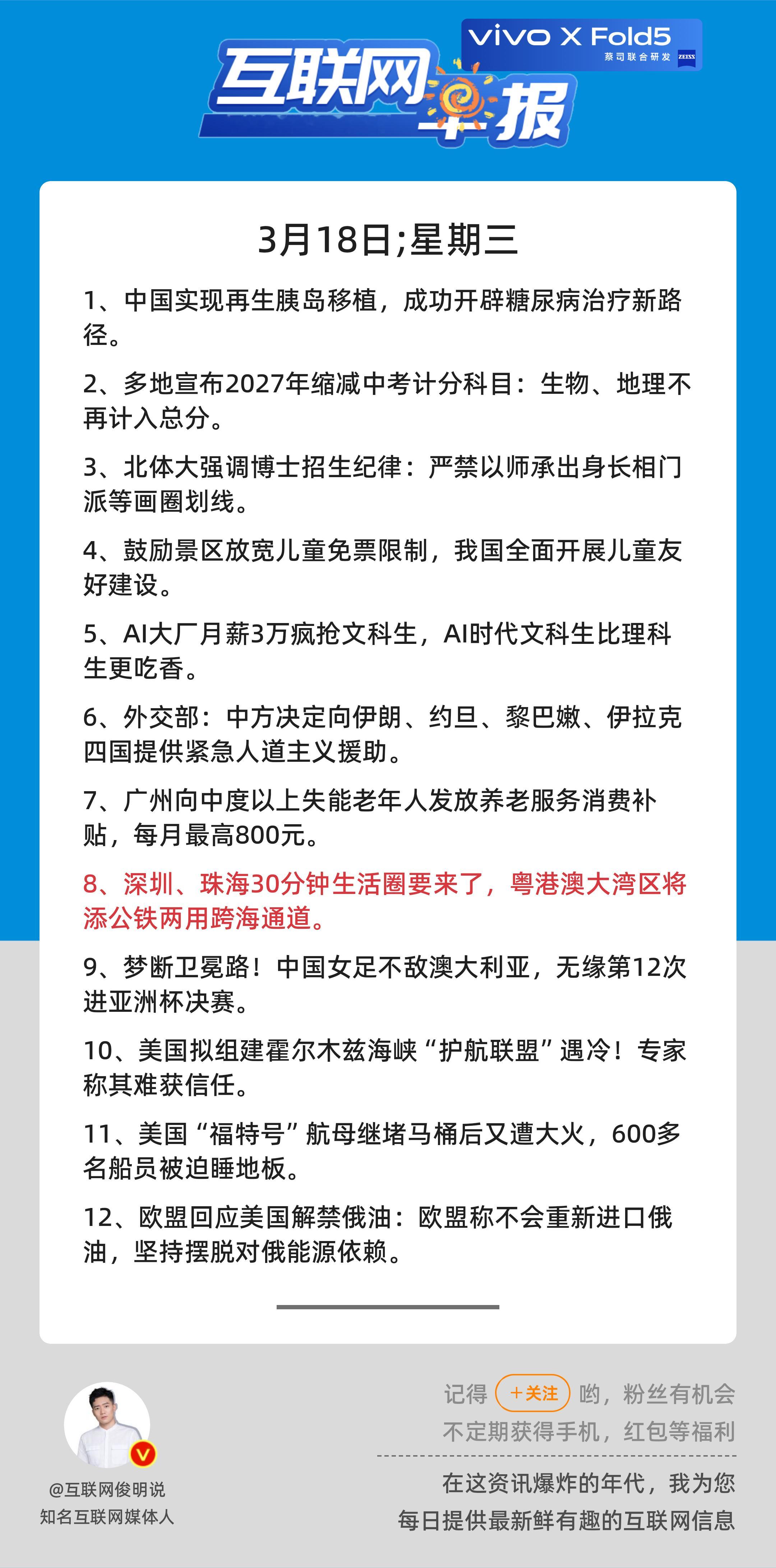 3月18日，星期三，《第3081期》；互联网早报，众览天下事关心第8条：深圳、珠