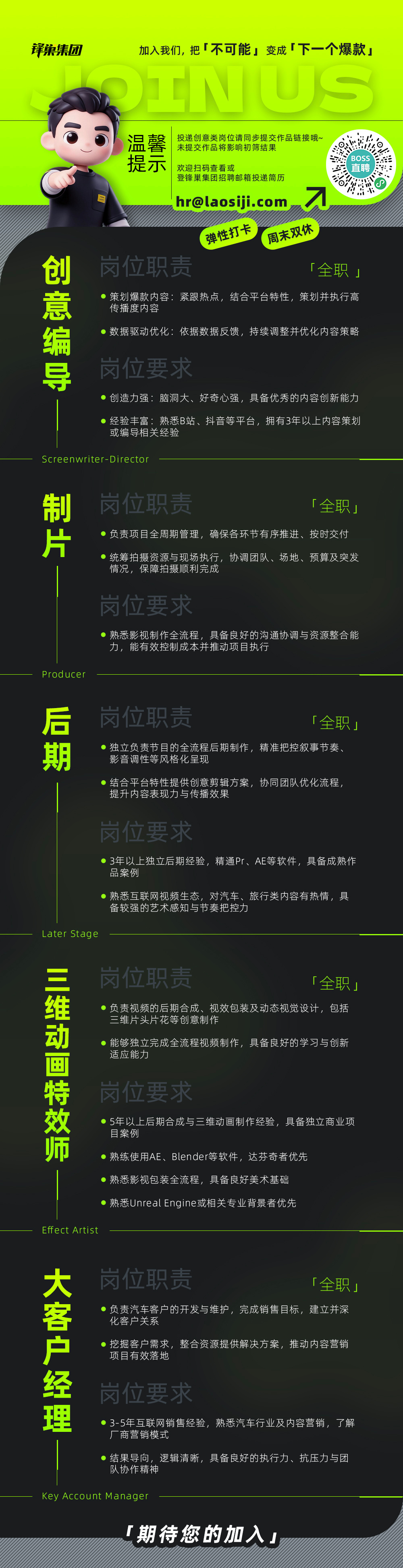招人！招人！招人！【长视频编导】【后期剪辑】【制片】【三维动画特效师】【大客户经