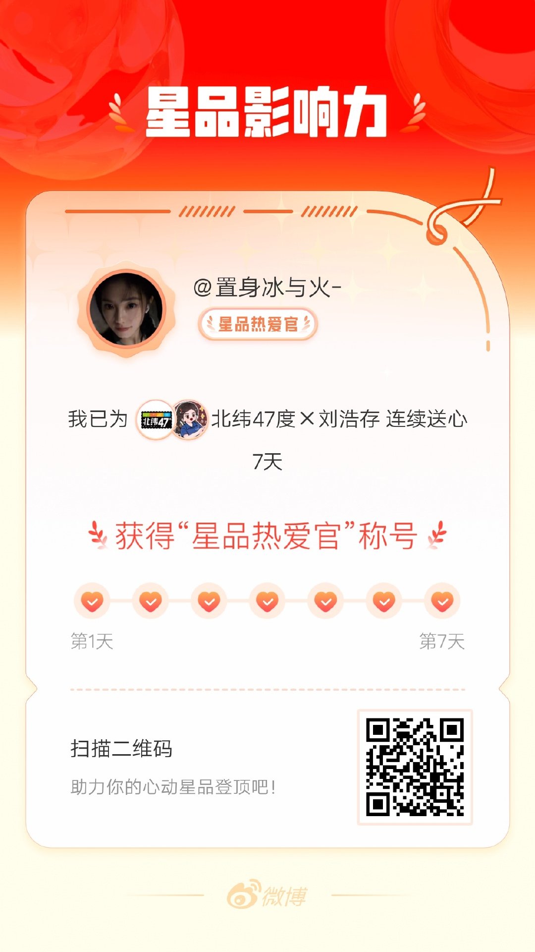 我在星品影响力上为 X 连续送心7天，获得“星品热爱官”称号！快来一起pick你