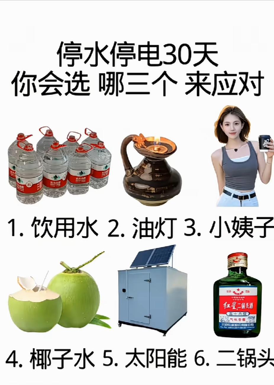 停水停电30天，6选3，你会怎么选？