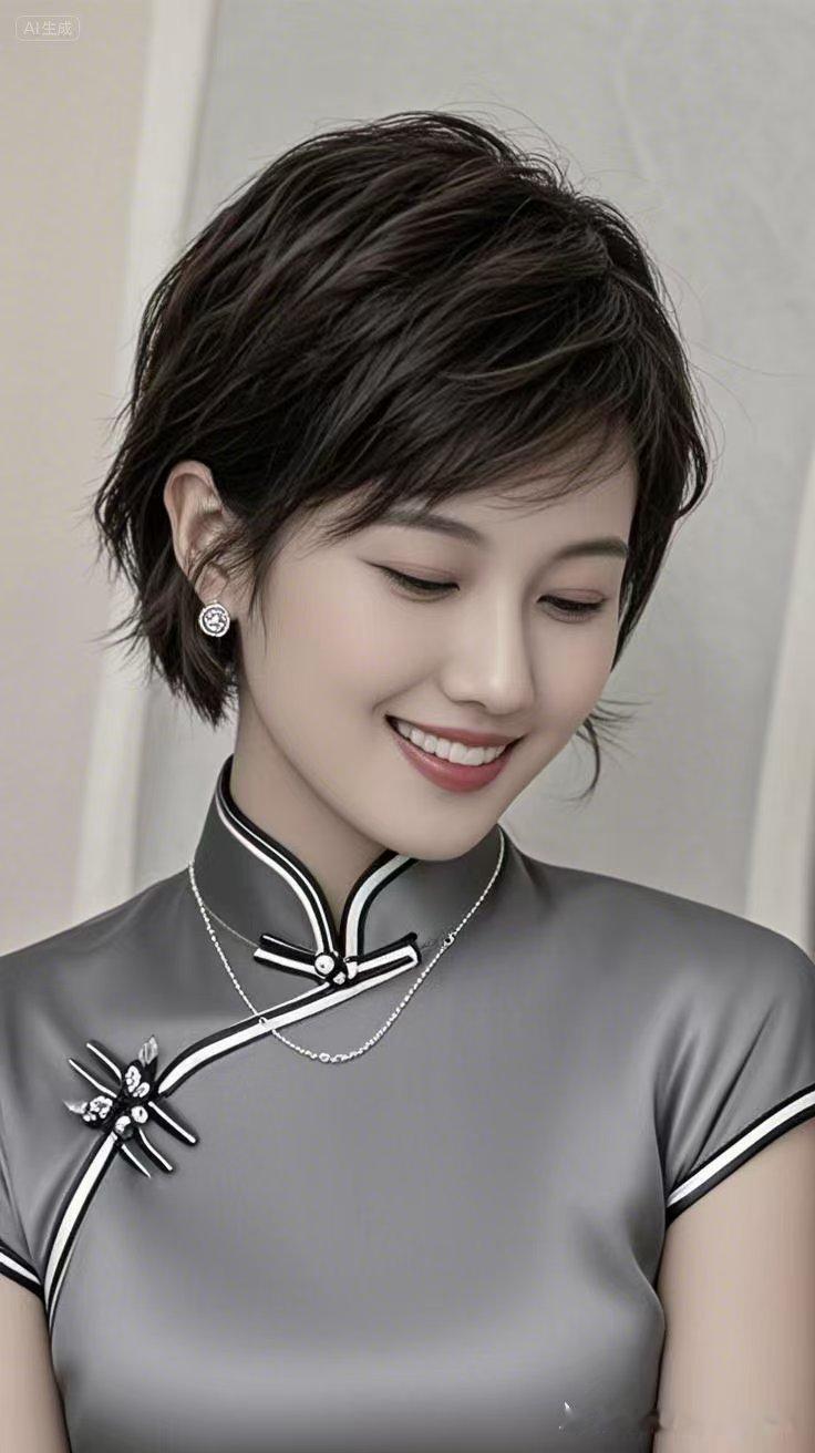 利落短发衬温婉旗袍，笑眼弯弯漾满柔和气韵，举手投足兼具端庄优雅与鲜活灵动，眉眼间