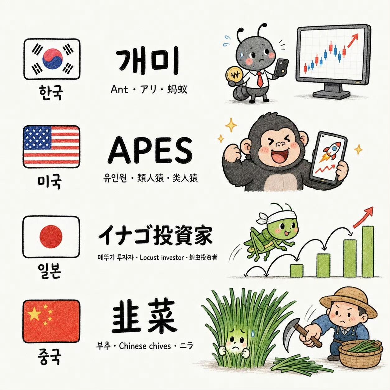 中、美、日、韩、欧对股市小散户的偏贬义性称呼：
中国：韭菜
美国：类人猿
日本：