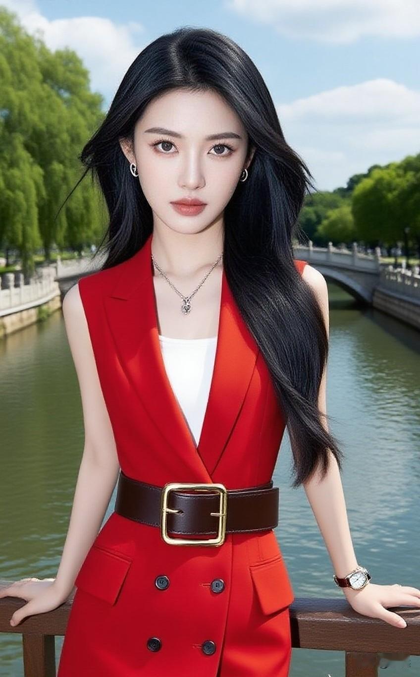 女生如何穿搭看起来时尚更有品味呢正红无袖马甲利落大气，腰带勾勒腰线，简约配饰衬出