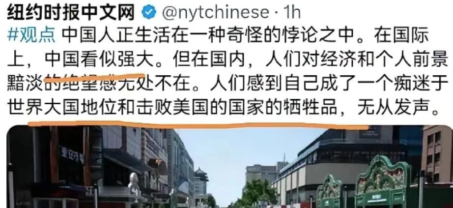 纽约时报称，“中国人生活在一种奇怪的悖论中，在国际上中国看似强大， 但在国内，人