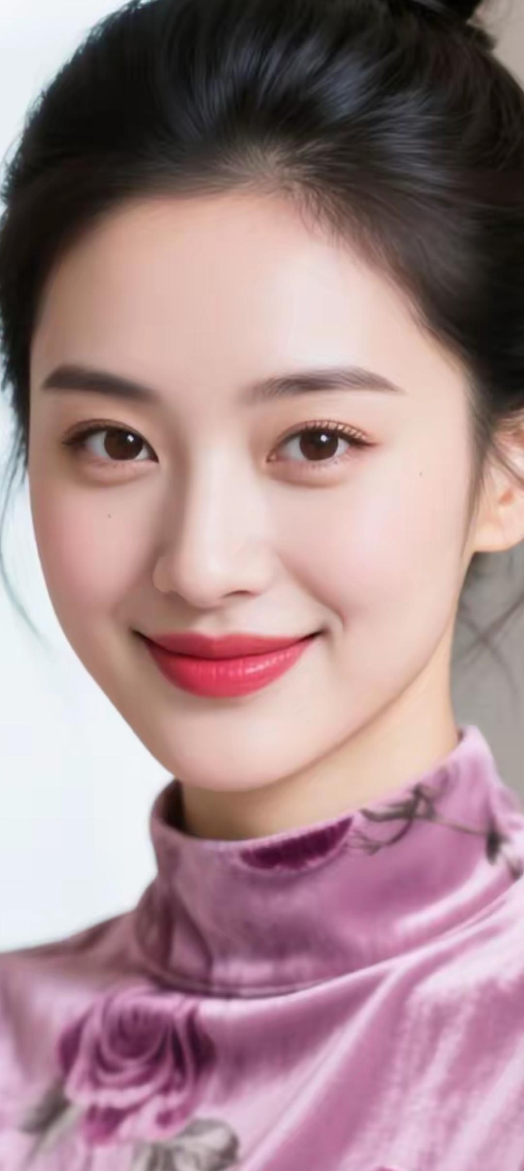 温柔甜美的微笑，紫罗兰色旗袍，优雅气质满满！🌸💄✨