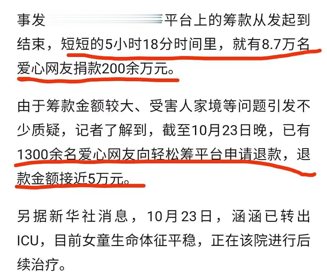 果然，1300名爱心网友申请退款了，背后是何原因?

16日2岁女童被狗咬，18