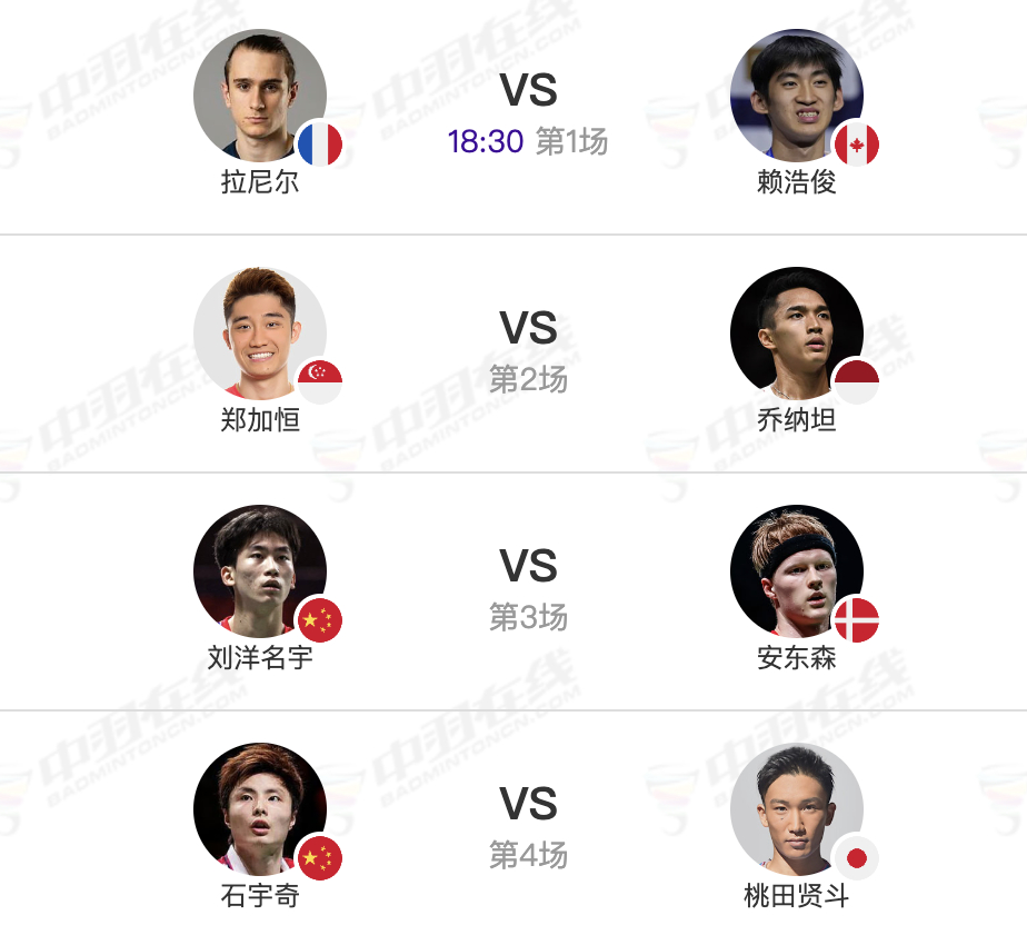 2025年天王杯国际羽毛球公开赛，12月26日8进4首日赛程，晚上18点30分开