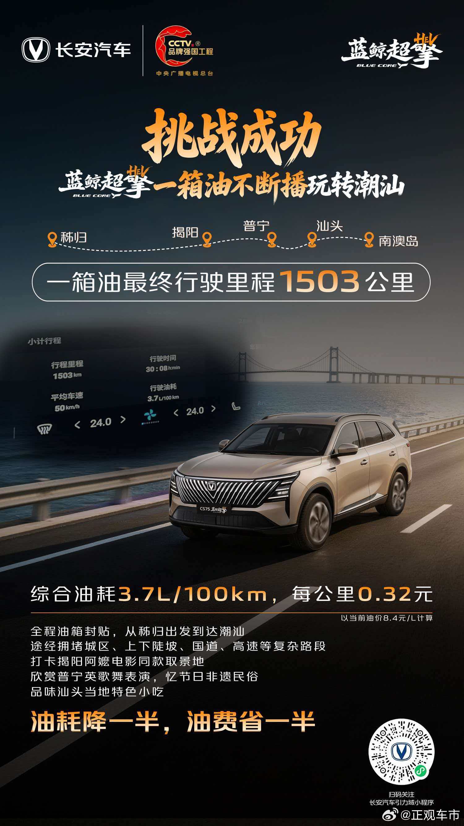 挑战成功！长安蓝鲸超擎混动一箱油不断播挑战，本次直播从屈原故里秭归到潮汕，最后在