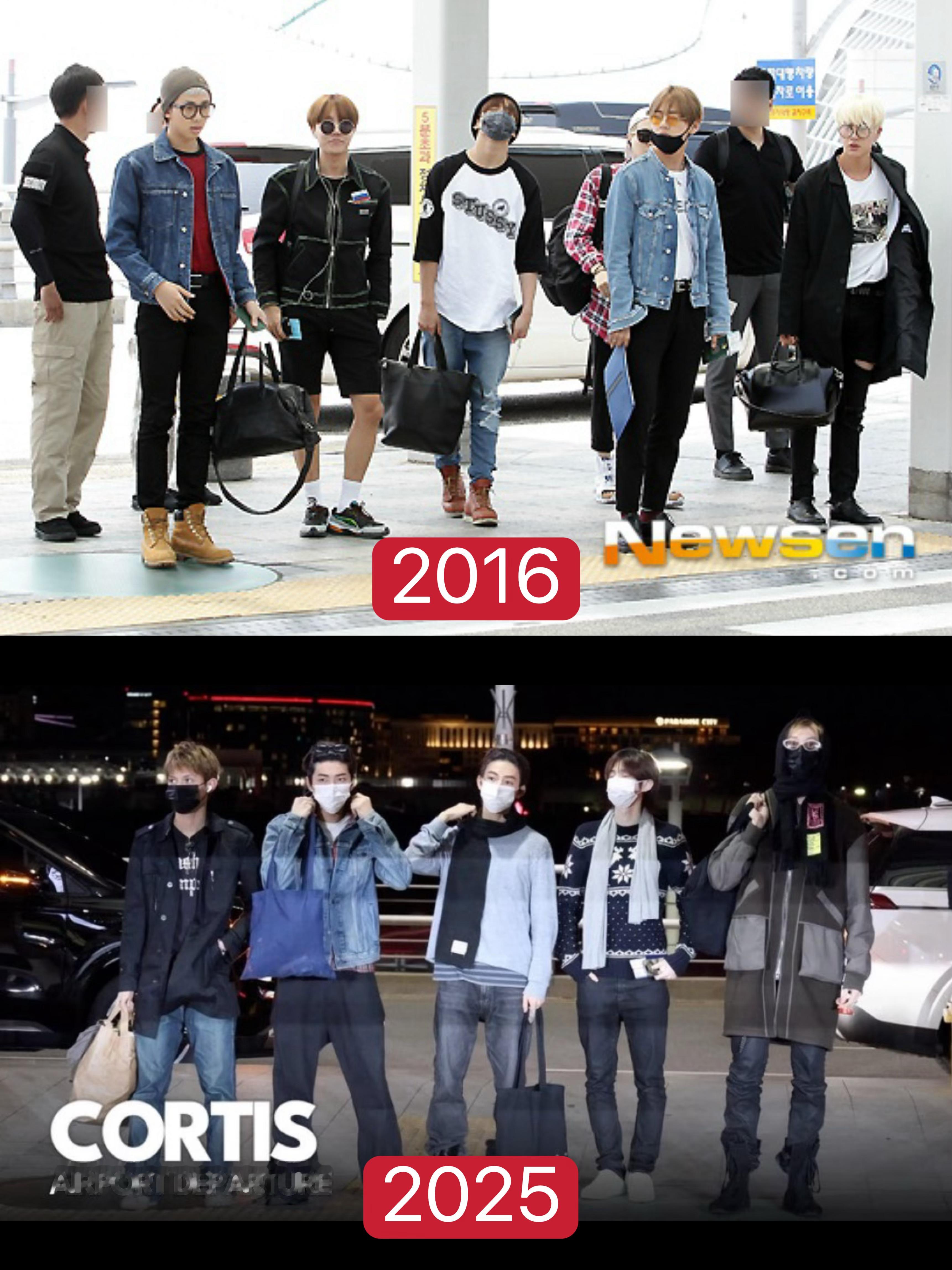BTS 防弹少年团2016 年的机场穿搭放在2025 年的 Cortis 身上都
