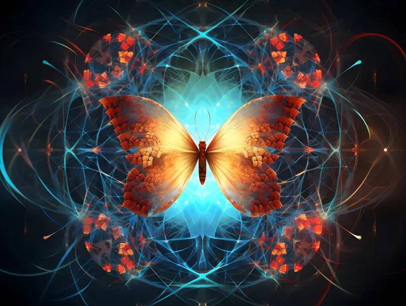 【蝴蝶效应：微小的初始变化（如蝴蝶扇动翅膀）可能引发巨大连锁反应（如飓风）】
 