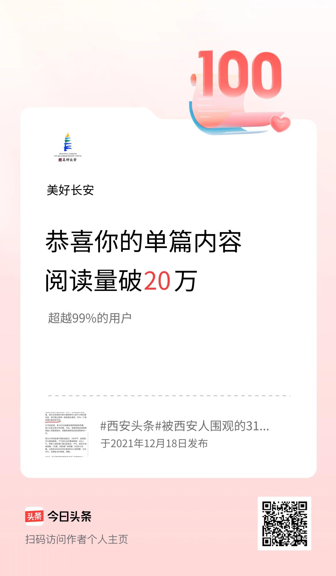 单篇内容获得阅读量破20万啦！
