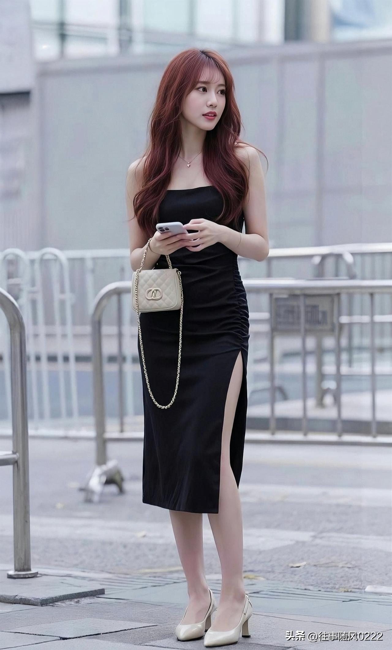 优雅红发少女，黑裙高跟，手机相伴，都市时尚风