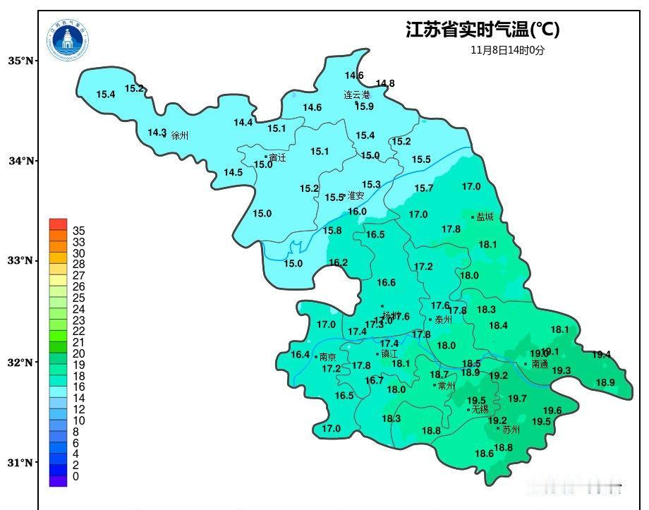 天气实况此刻，淮北局部地区有小雨，其他地区阴到多云，温度：沿淮和淮北地区15℃左