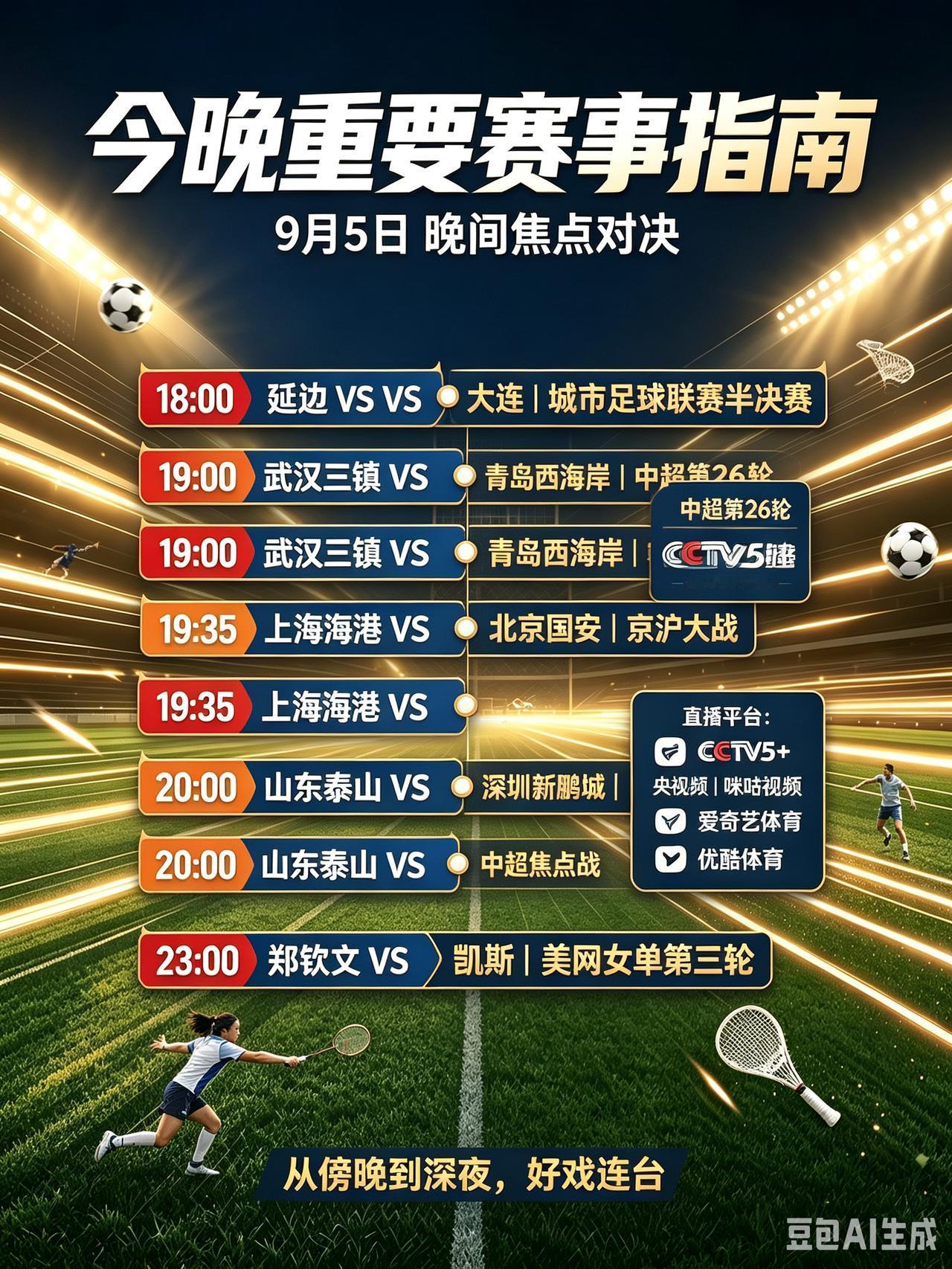 9月5日晚间观赛指南！全天重磅赛事一次性收好！
    今晚赛事扎堆，足球、羽毛