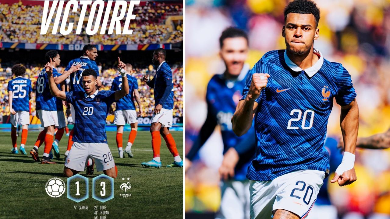 友谊赛：法国3-1击败哥伦比亚，轮换阵容完胜。
杜埃完成双响，图拉姆传射建功。