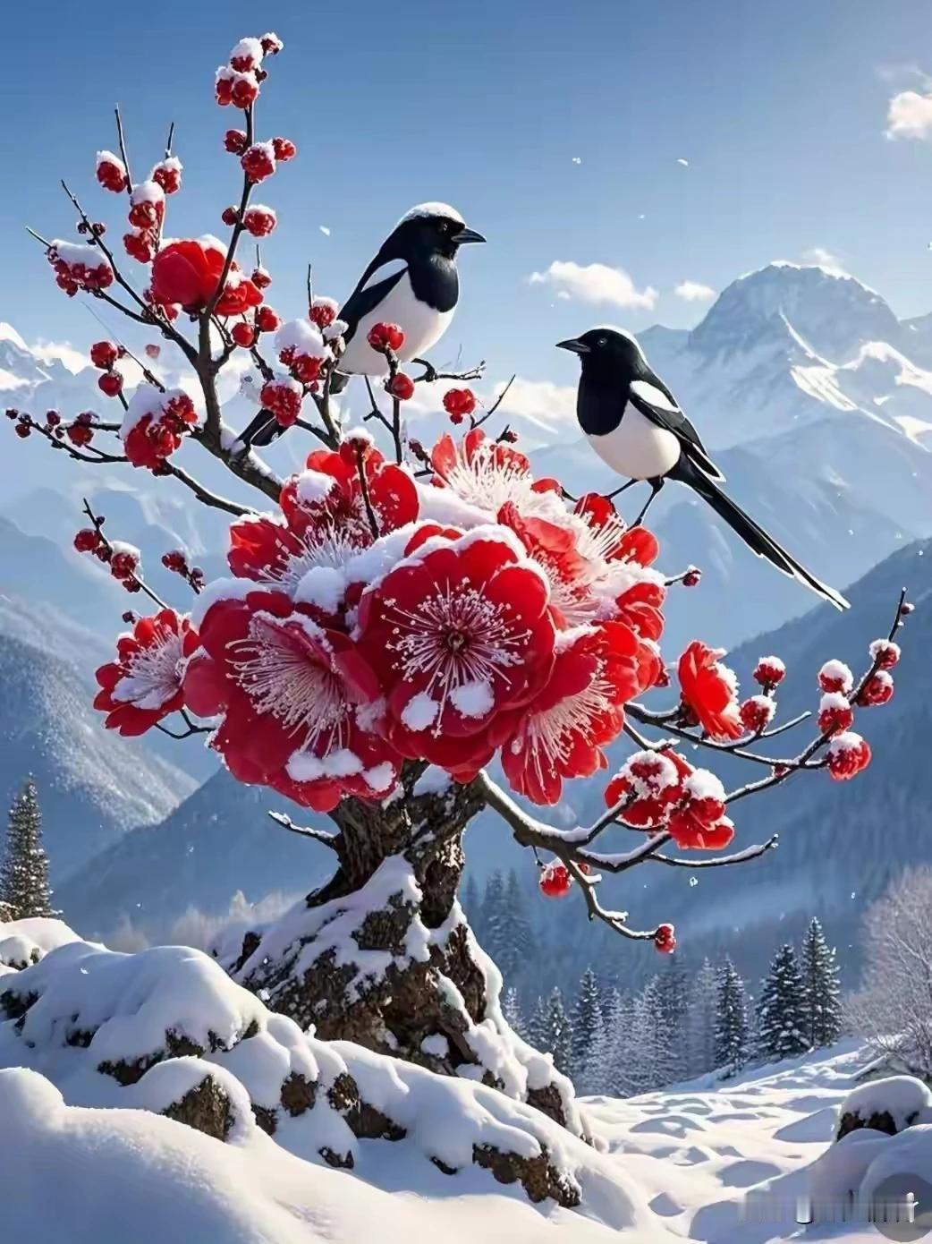 月挂高天洒银辉，
映照院中几枝梅。
溢出暗香随风远，
雪逊梅花终不悔。