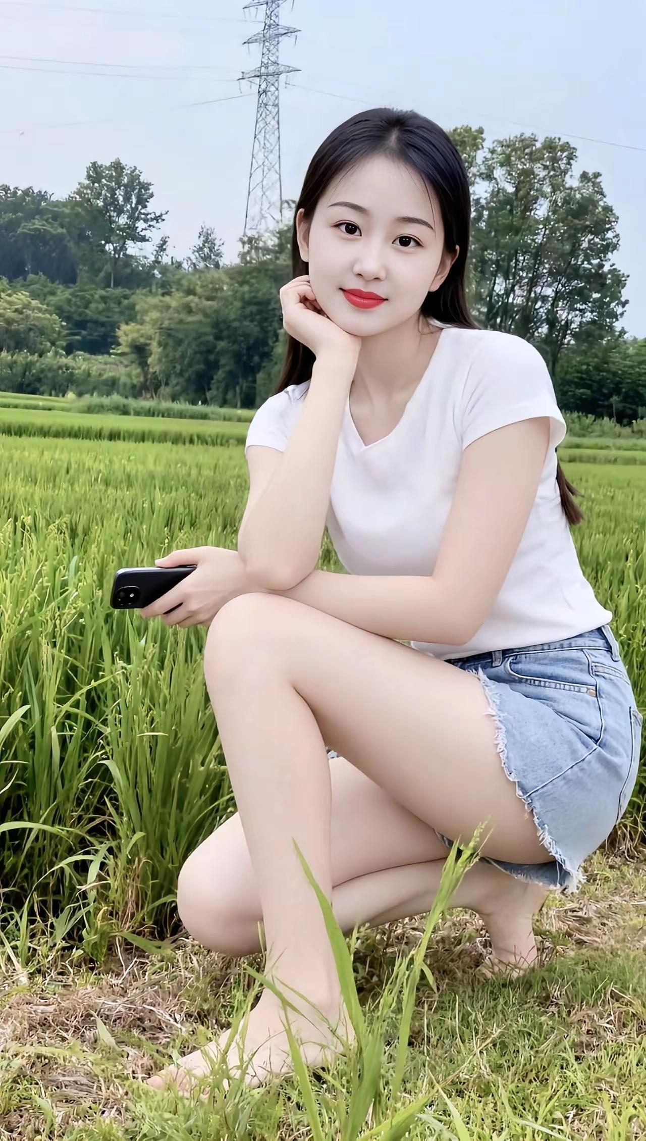 妹子在田野里蹲着玩手机呢。