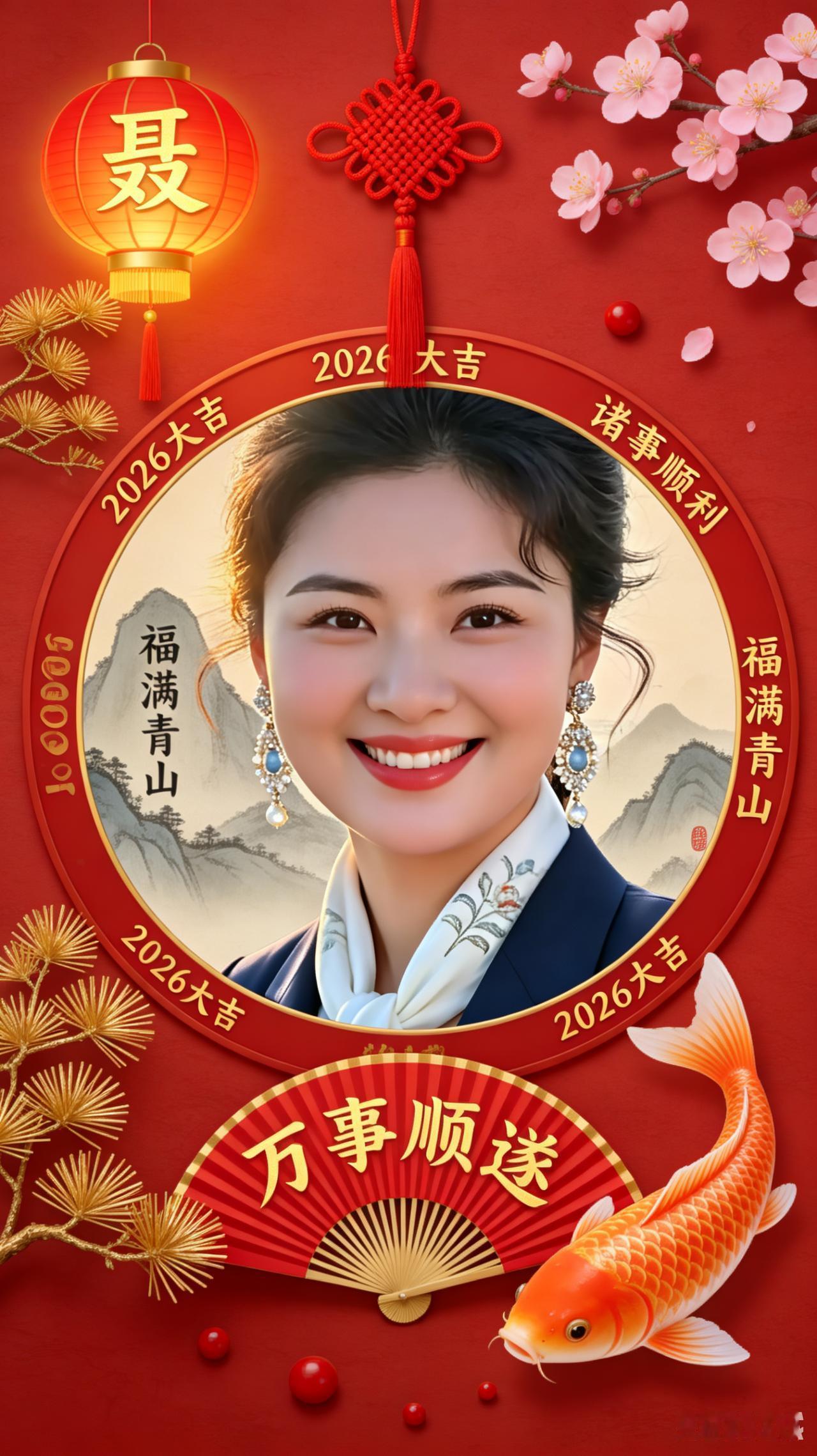 红底添花瑞气飘，
圆框映就俏容娇。
红唇浅笑藏欢喜，
眉眼含春带韵韶。
金扇轻摇