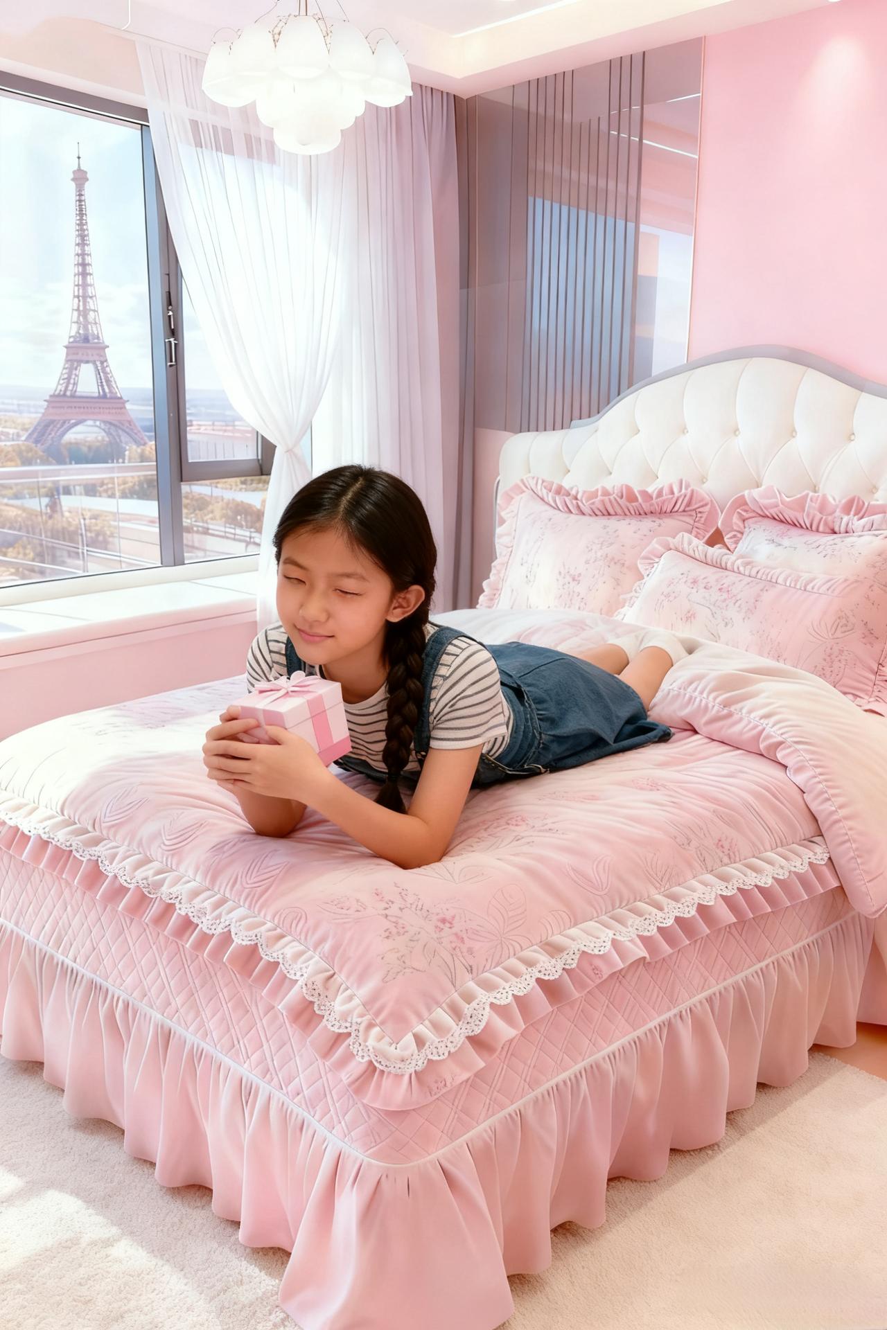 粉色的床，铺着云絮的棉
垂帘轻摇，晃着阳光的暖
窗里的笑，是最甜的糖
枕上的香，