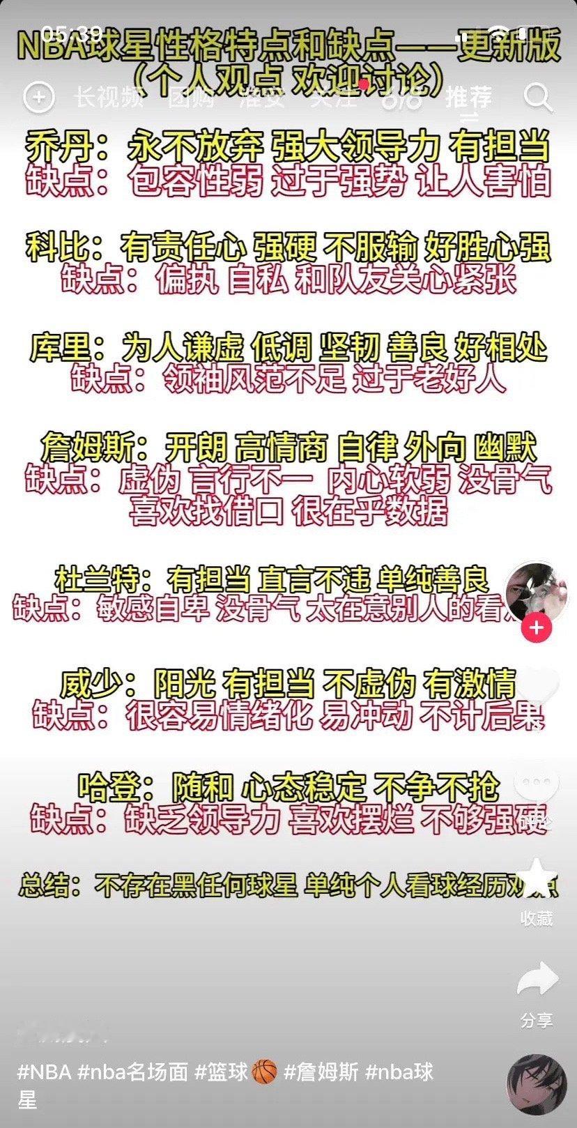 某音博主对NBA球星的评价 ​​​