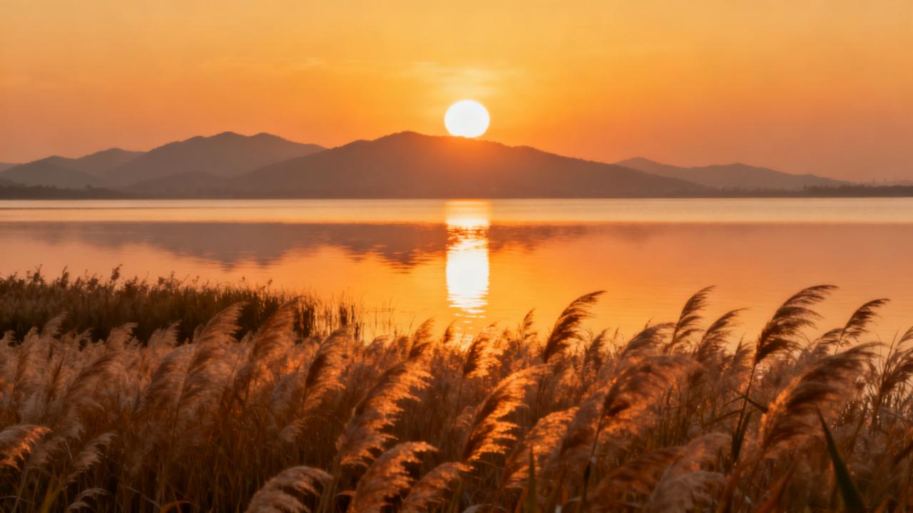 当夕阳吻过山脊，芦苇便把黄昏的暖，织进了每一缕风里。