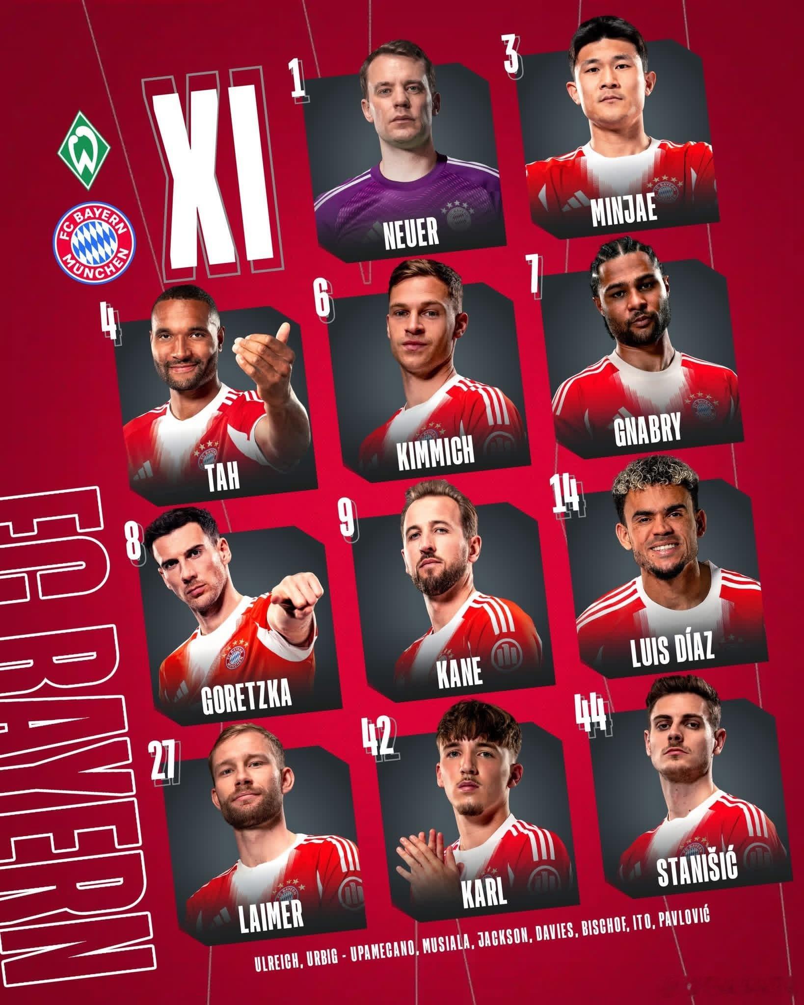 🚨雲達不來梅🆚拜仁，拜仁首發陣容🔥🔥🔥 