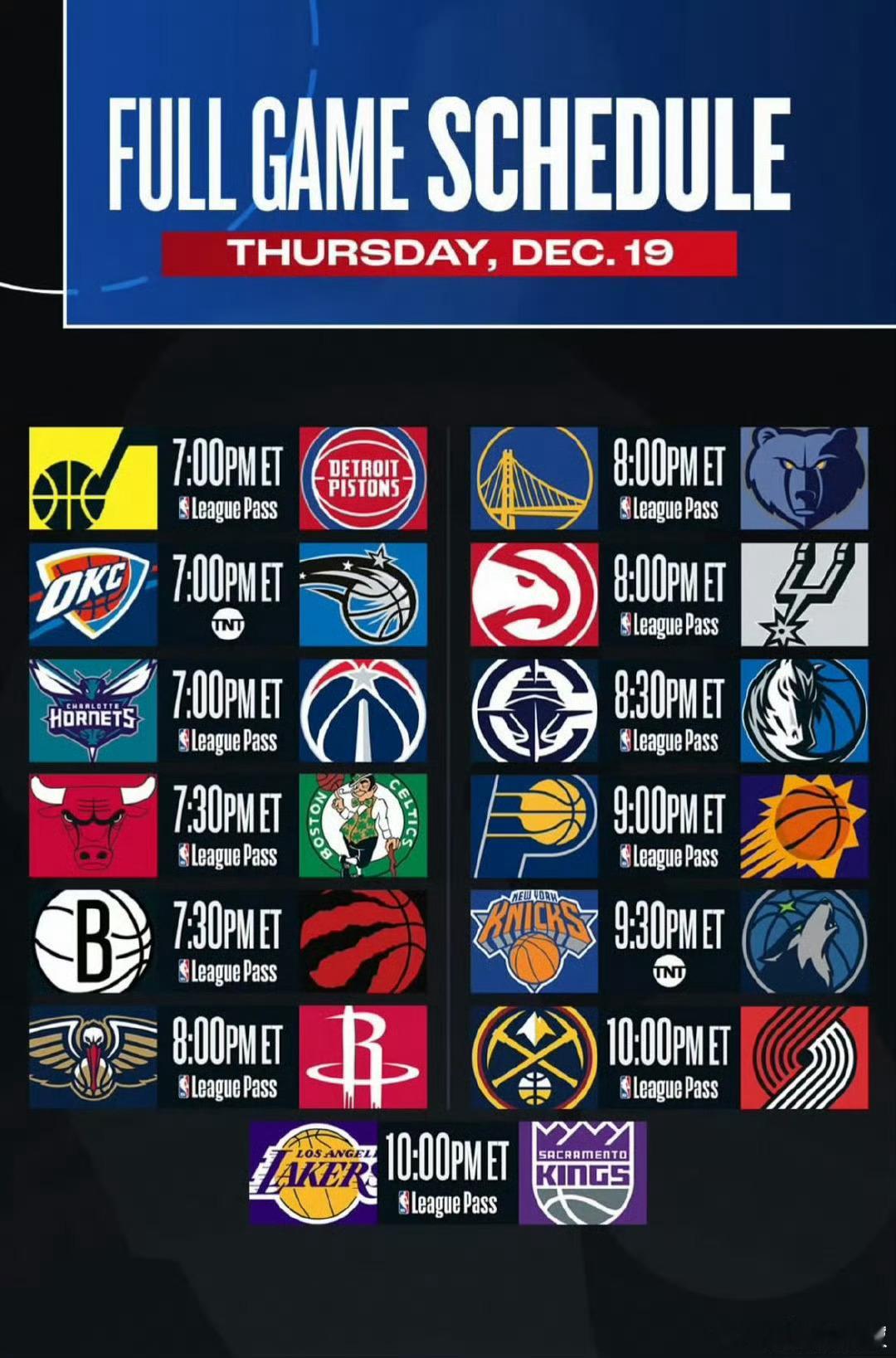 12🈷20 日NBA🏀赛程：08:00  爵士  -  活塞08:00  雷