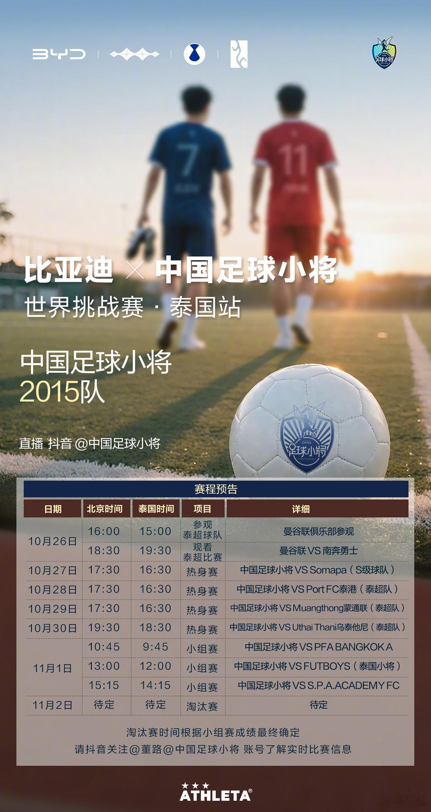 比亚迪×中国足球小将世界挑战赛·泰国站2015队赛程预告。定好闹钟，和中国足球小