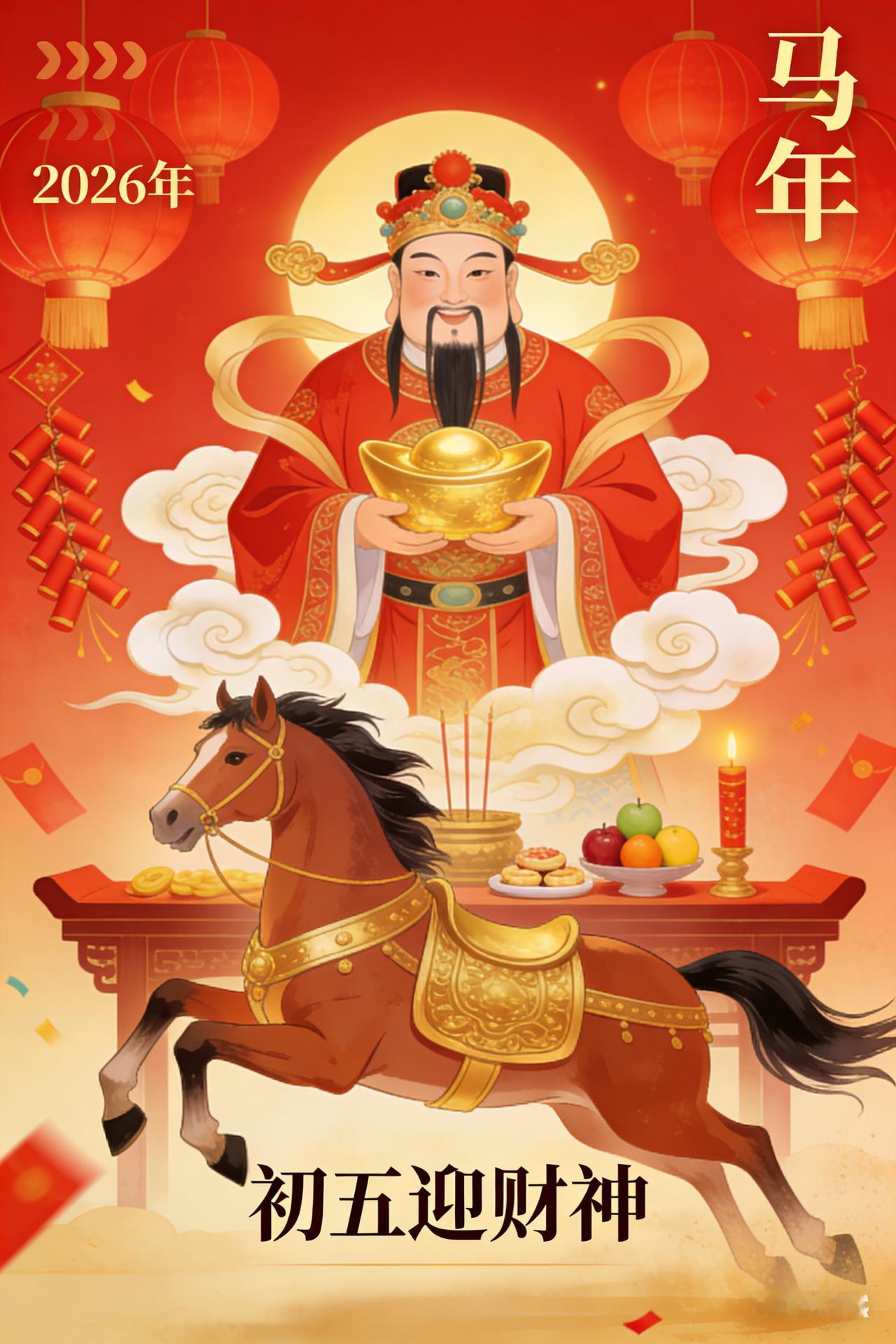 天门开，地门开，

五方财神进门来，

一赐福，二赐财，

赐来金银抱满怀，
