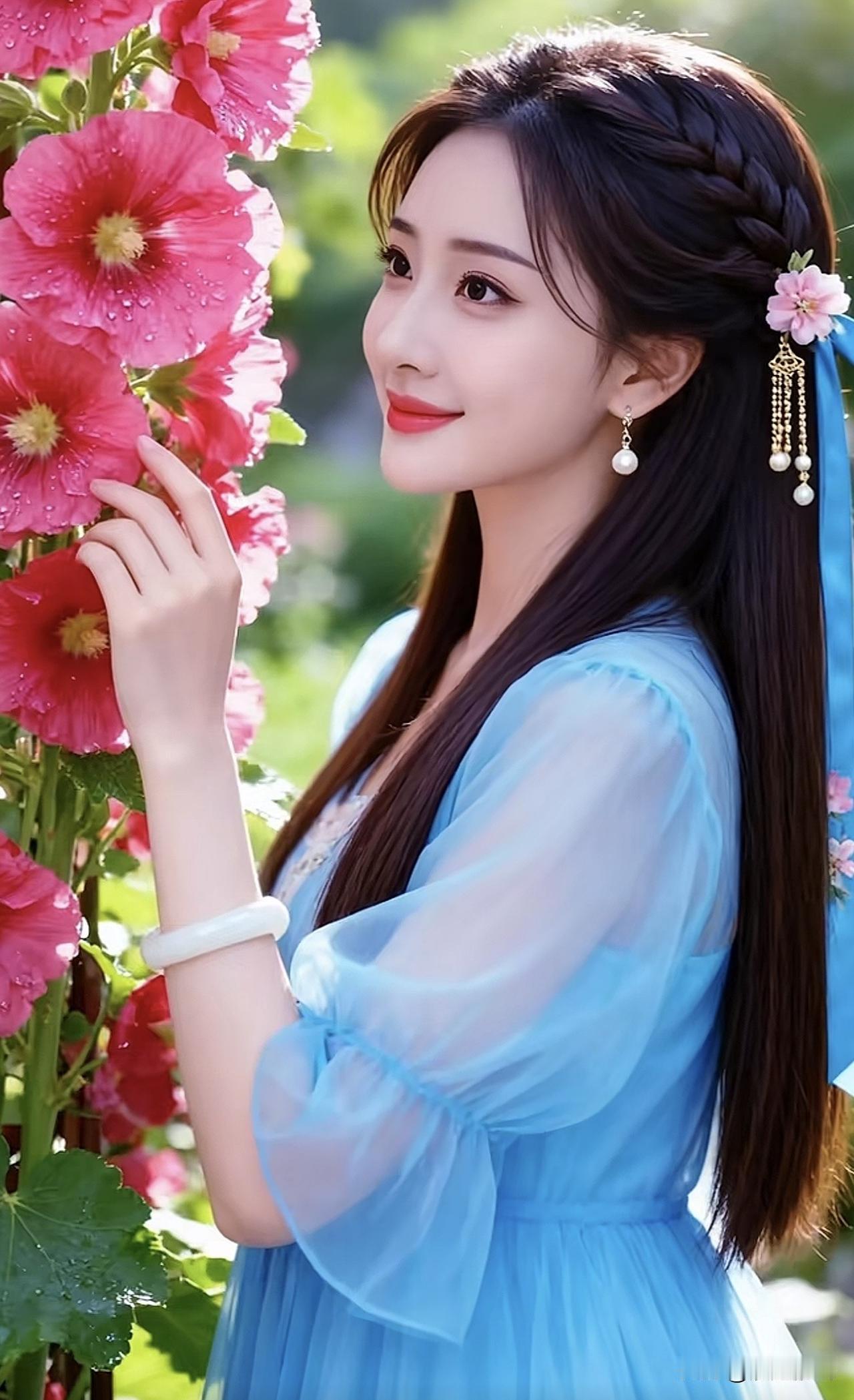 花间美人笑，轻纱拂面来。古典美人韵 荡漾花间闻花香 绿裙花间 荡漾花间闻花香 绿