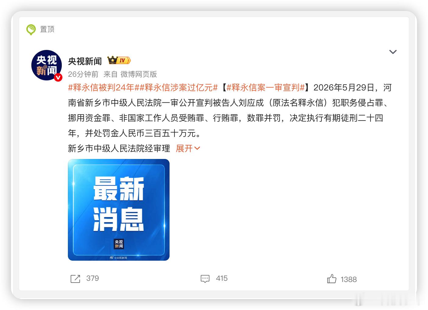 刚刷到新闻，释永信今天一审被判 24 年罚 350 万。他在任期间侵占挪用受贿行