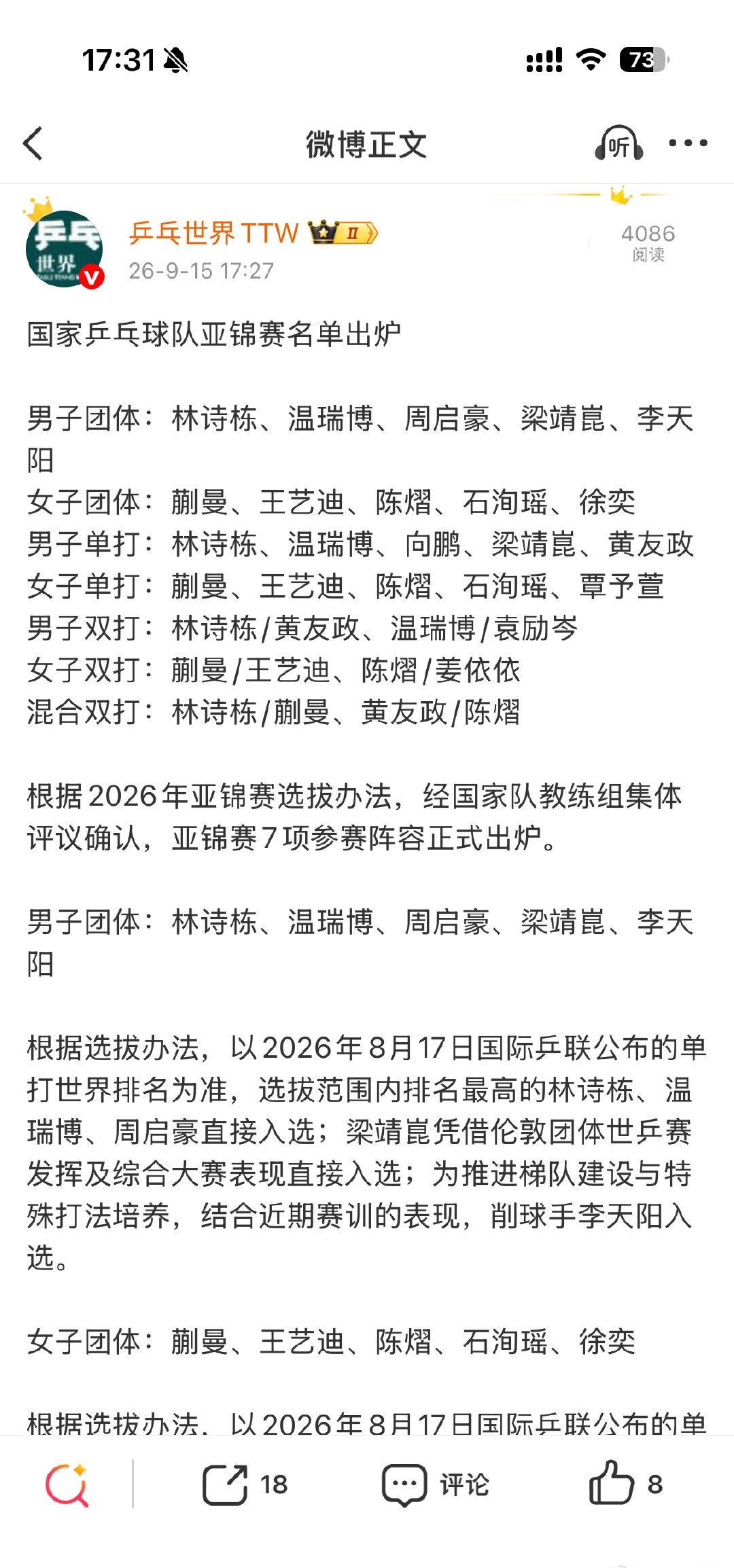 【国乒2026亚锦赛名单出炉】王楚钦孙颖莎缺席2026亚锦赛 9月15日，国家乒