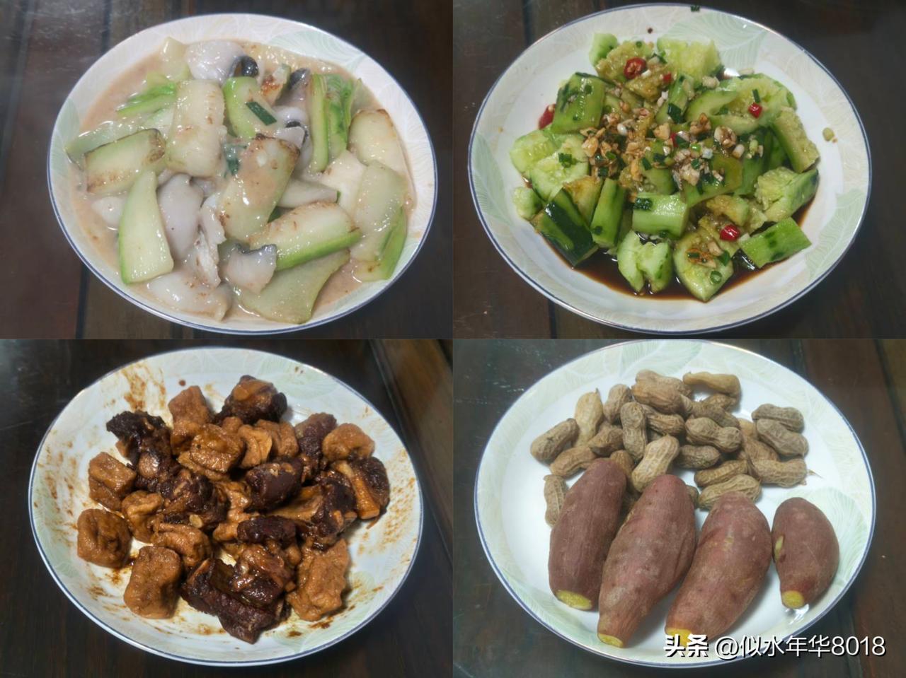 今日家常晚餐

今天晚上三个人吃饭，昨天的红烧排骨还有剩的，买了油豆果烧在里面；
