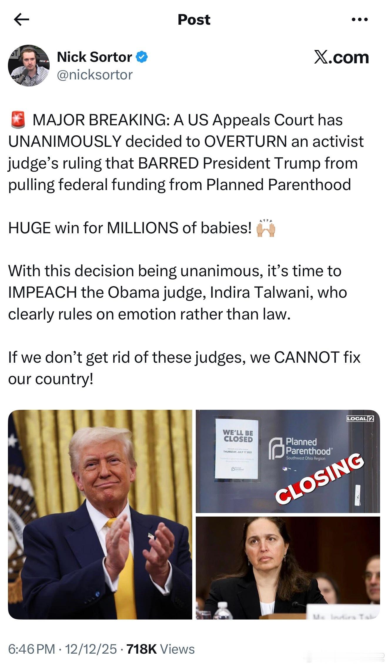 尼克·索托：突发消息：美国上诉法院一致裁定推翻一名激进派法官的裁决，该裁决此前阻