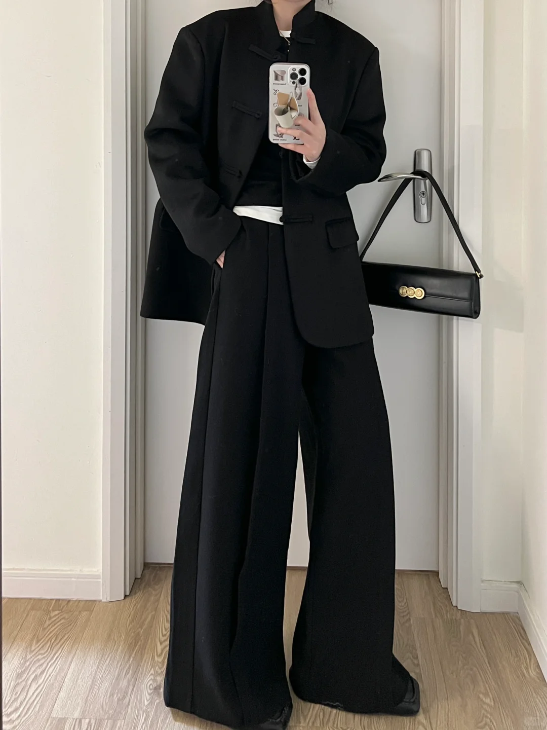 早春新中式｜黑色盘扣西装外套+黑呢直筒裤